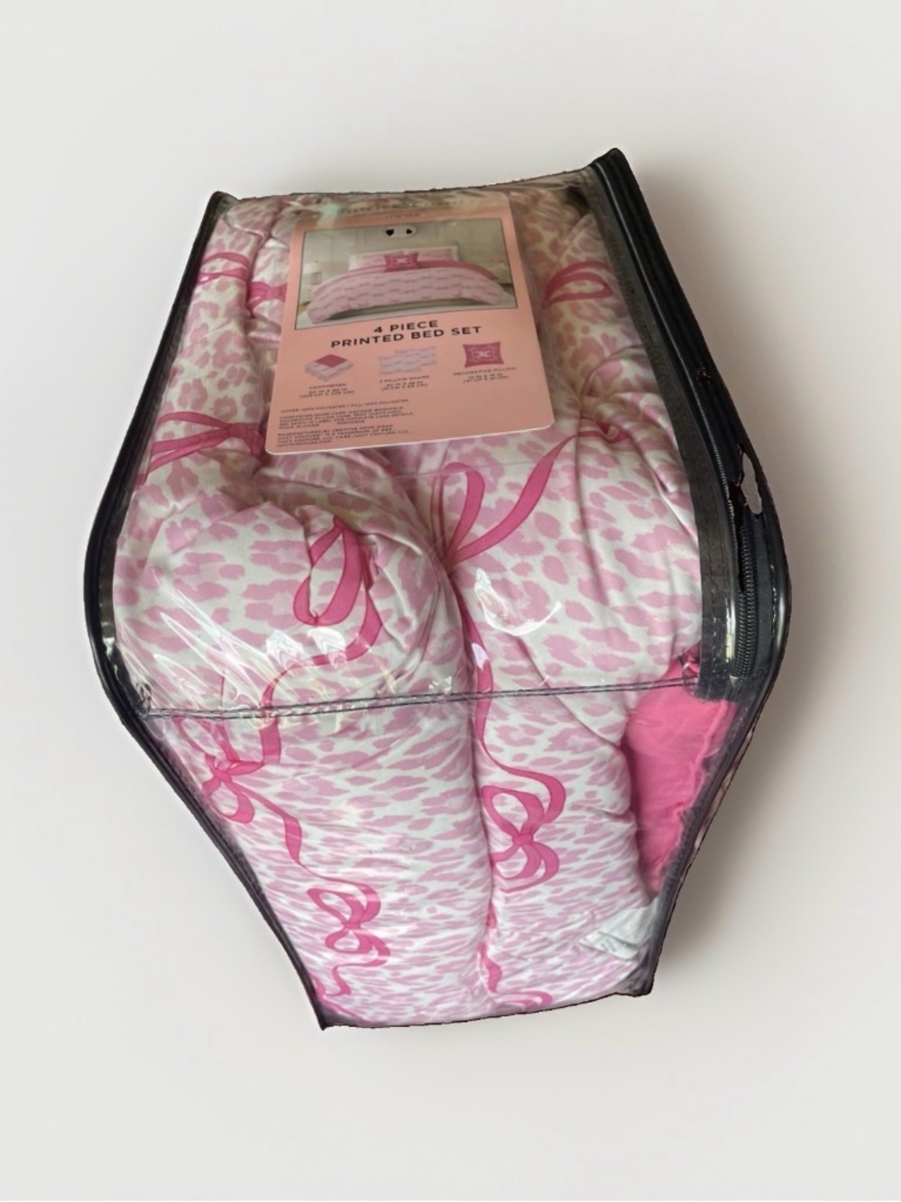 NWT Juicy Couture Queen 4 Pc Bed Set Pink Leopard Bow Comforter
